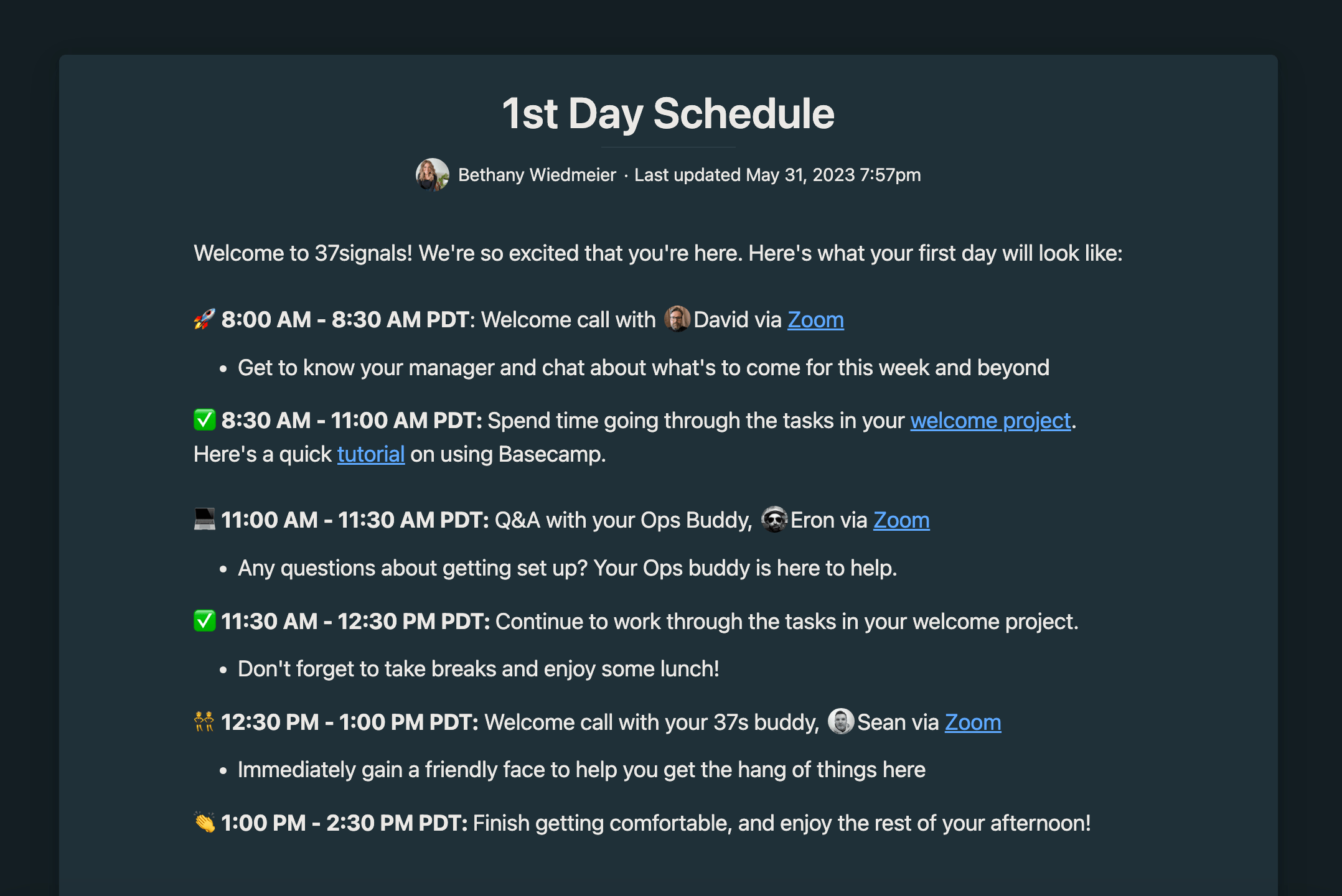 Day 1 onboarding schedule